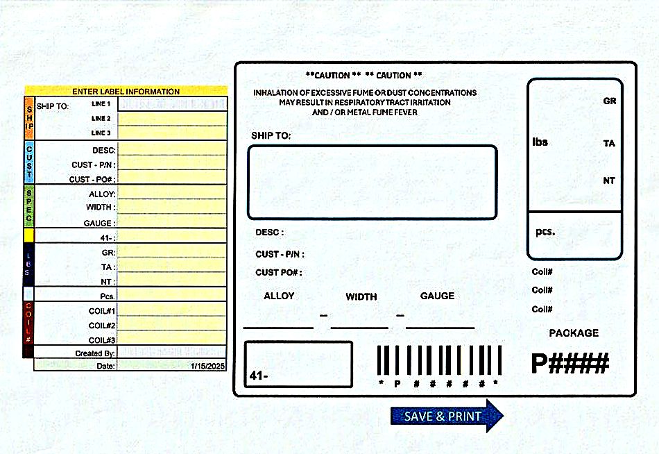 Label entry panel and the generated package label